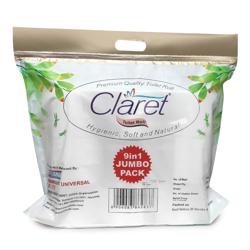 Claret Premium 3-Ply Toilet Paper Rolls - Jumbo Pack of 9, Highly Absorbent & Skin-Friendly with Convenient Zipper Pack for Daily Use