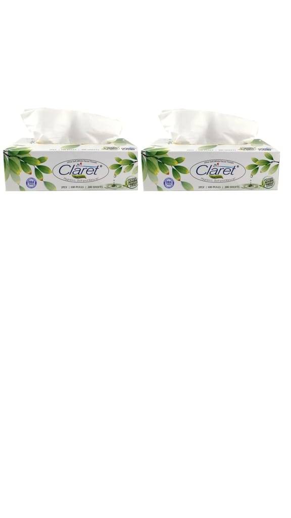Claret Facial Tissue Box - Extra Thick & Absorbent, 2-Ply, 100 Pulls, Soft Disposable Face Towels for Daily Use (Pack of 2)