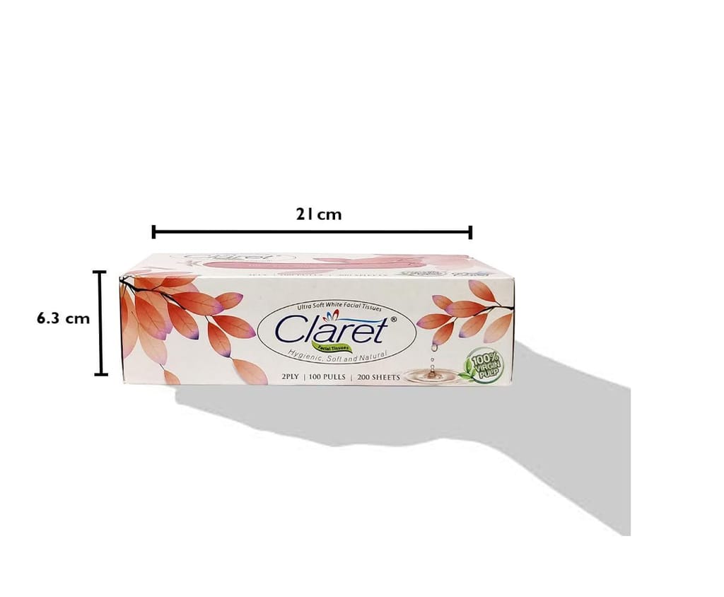 Claret Facial Tissue Box 100 Pulls, 2 Ply, 4 In 1 - Soft, Multipurpose Tissues for Makeup Smudges, Small Spills, Wedding & Party Use, Pack of 1