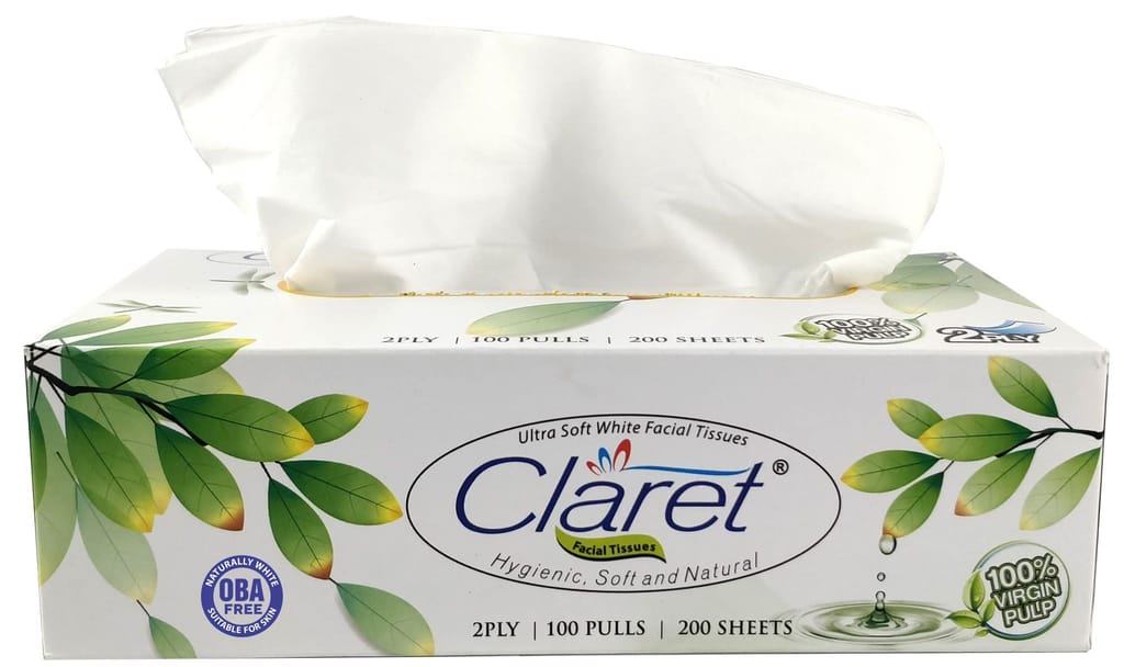 Claret Facial Tissue Box - Extra Thick & Absorbent, 2-Ply, 100 Pulls, Soft Disposable Face Towels for Daily Use (Pack of 2)