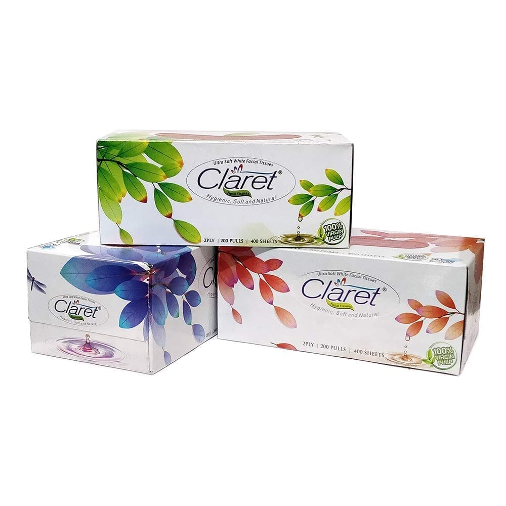 Claret Facial Tissue Box - 200 Pulls, 2-Ply, 3-in-1 Pack | Soft, Strong & Hygienic Tissues for Home, Office & Daily Use, Multipurpose Care