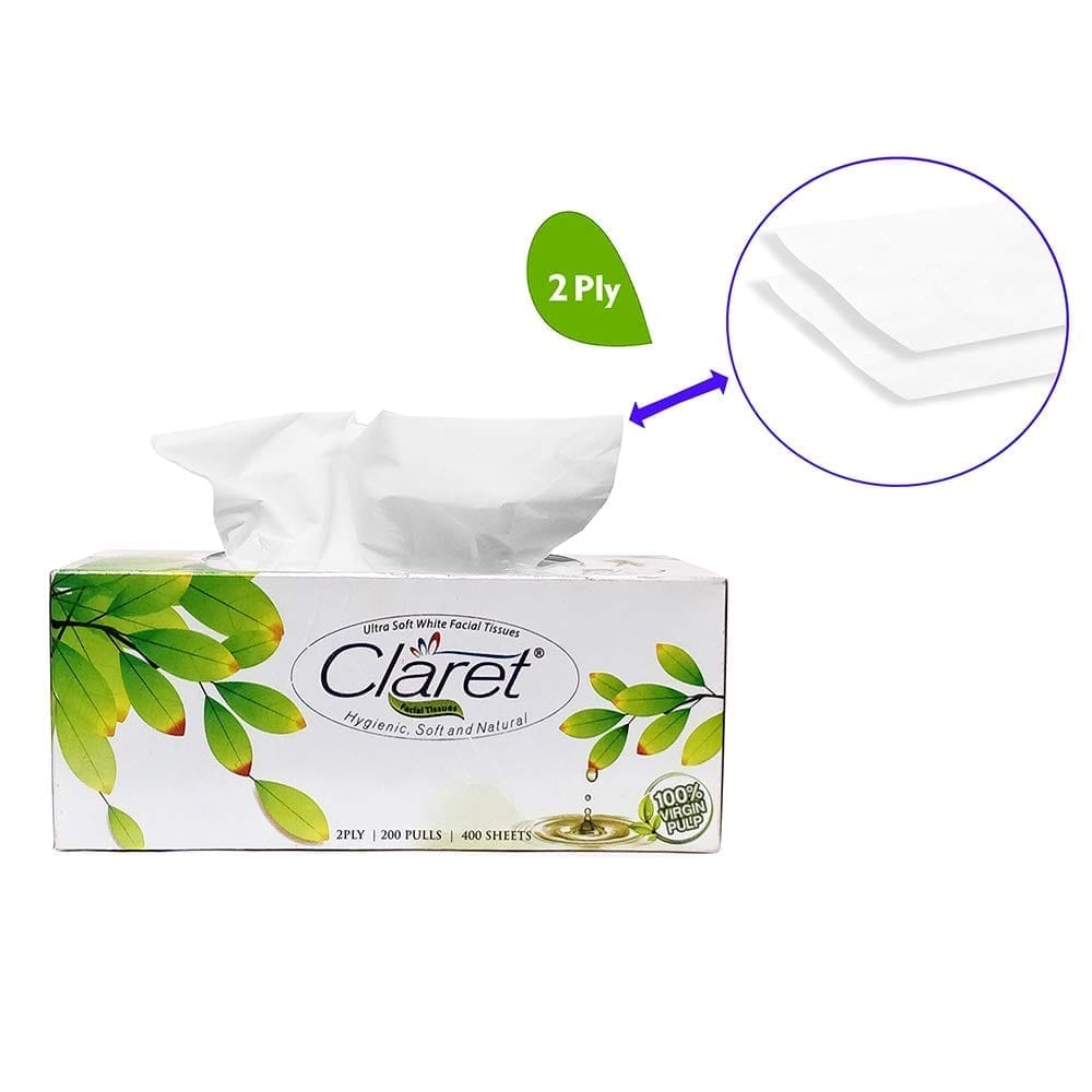 Claret Facial Tissue Box - 200 Pulls, 2-Ply, 3-in-1 Pack | Soft, Strong & Hygienic Tissues for Home, Office & Daily Use, Multipurpose Care