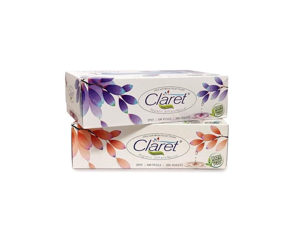 Claret Facial Tissue Box - Extra Thick & Absorbent, 2-Ply, 100 Pulls, Soft Disposable Face Towels for Daily Use (Pack of 2)