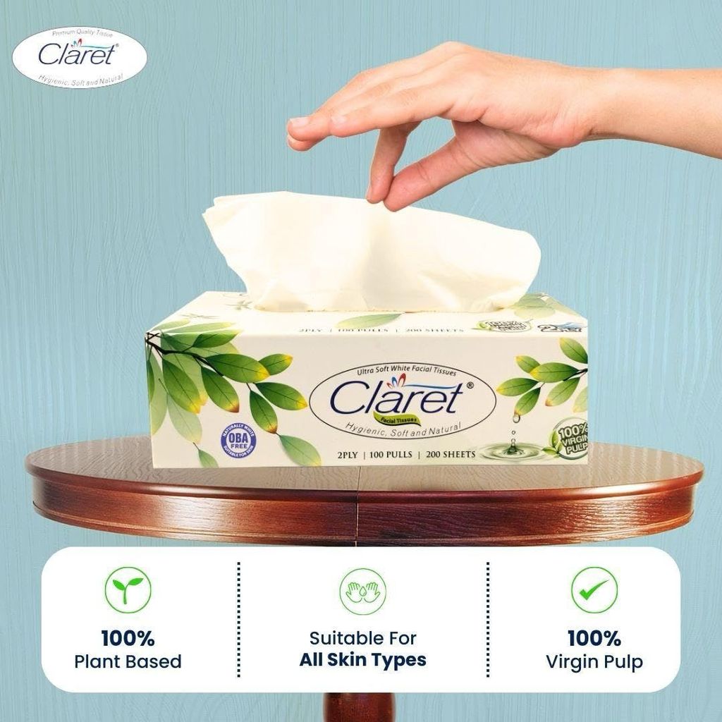 Claret Facial Tissue Box - Extra Thick & Absorbent, 2-Ply, 100 Pulls, Soft Disposable Face Towels for Daily Use (Pack of 2)
