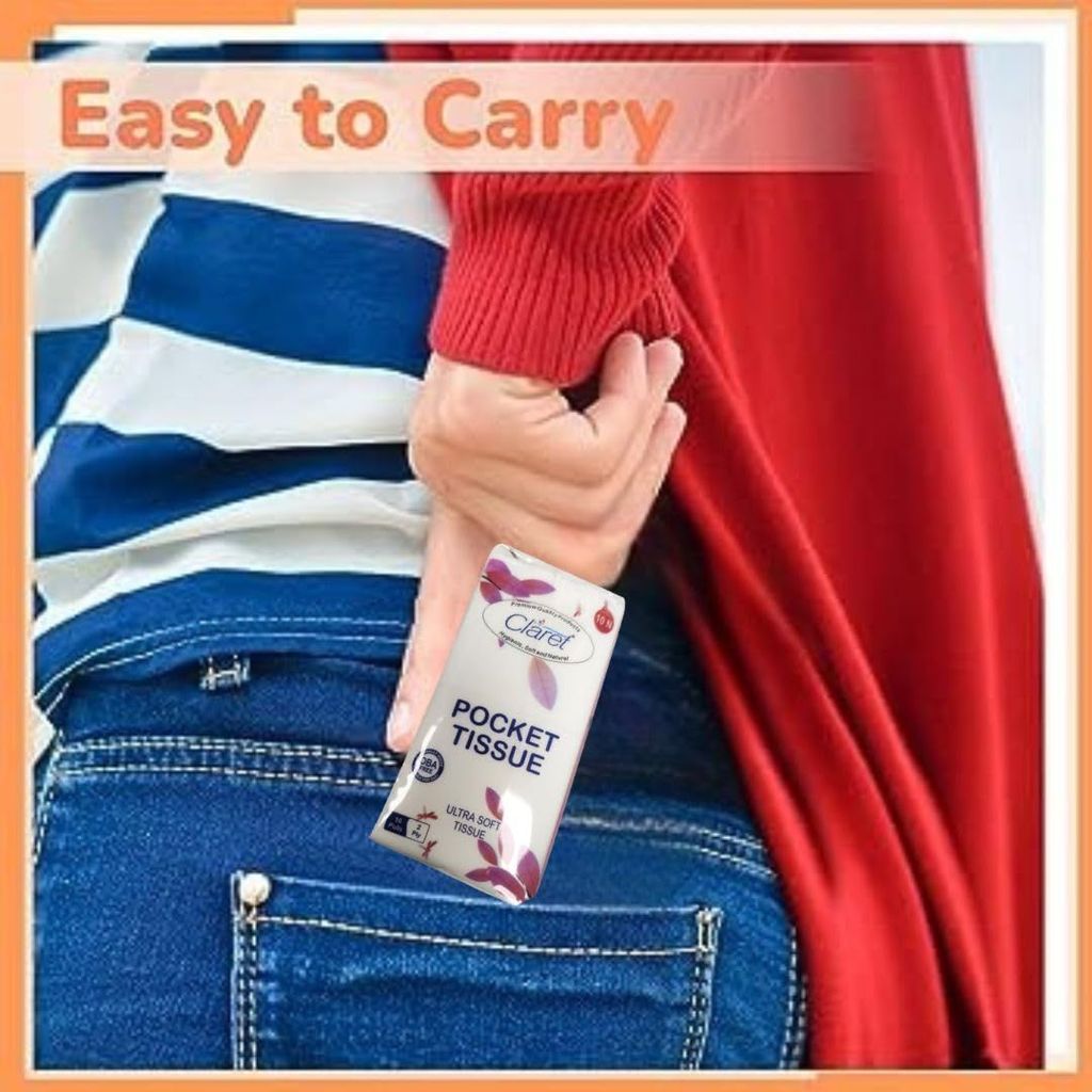 Claret Pocket Ultra Soft Tissues - 2 Ply, 10 Pulls per Pack (10 PCS x 2 Packets) | Easy to Carry, On-the-Go Tissue Paper | Pack of 2