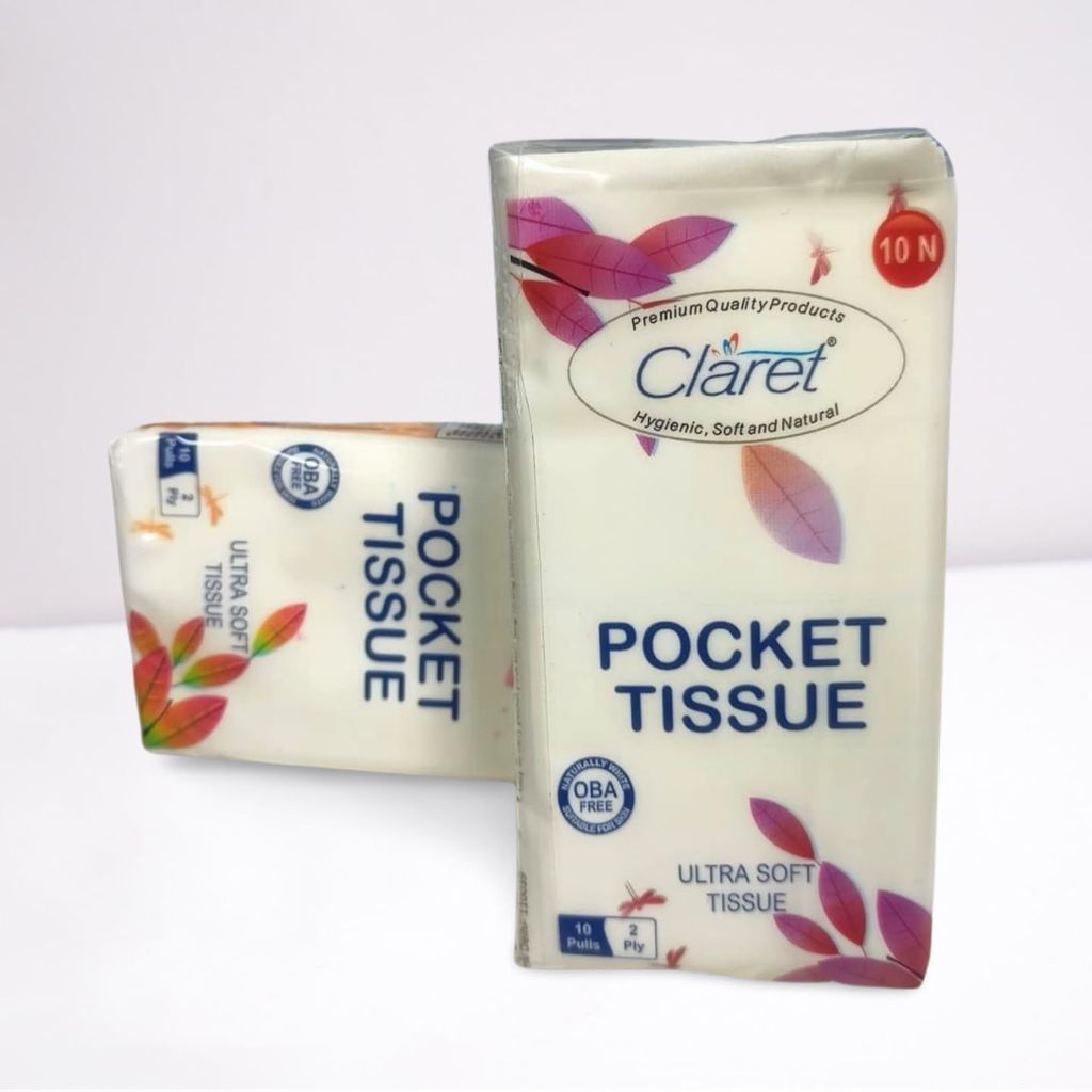 Claret Pocket Ultra Soft Tissues - 2 Ply, 10 Pulls per Pack (10 PCS x 2 Packets) | Easy to Carry, On-the-Go Tissue Paper | Pack of 2
