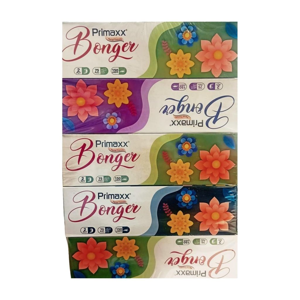 Primaxx 100% Virgin Pulp Ultra Soft White Facial Tissue Box - 75 Pulls, 2-Ply, Bonger New Box, Pack of 5, Soft, Hygienic, Daily Use Tissues