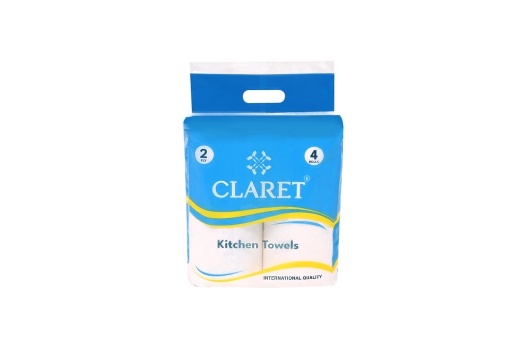 Claret Kitchen Towel Roll - 2-Ply, 60 Sheets Per Roll (4 Rolls), 20x20 cm, 4-in-1 Versatility, Pack of 2 - Hygienic, Soft & Natural for Kitchen Hygiene and Safety