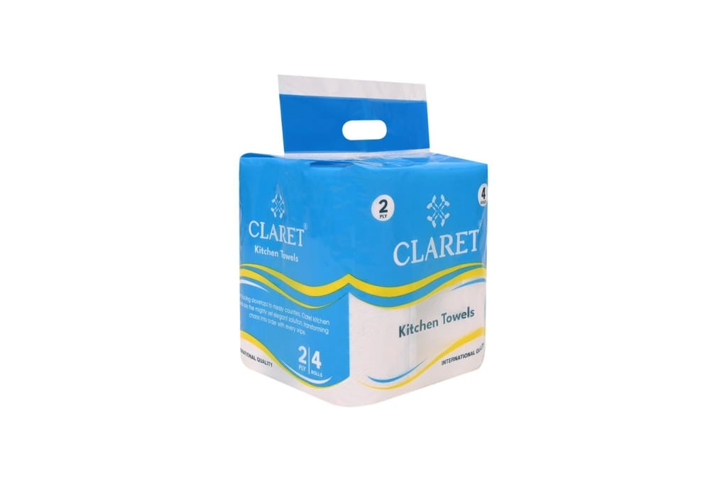 Claret Kitchen Towel Roll - 2-Ply, 60 Sheets Per Roll (4 Rolls), 20x20 cm, 4-in-1 Versatility, Pack of 2 - Hygienic, Soft & Natural for Kitchen Hygiene and Safety