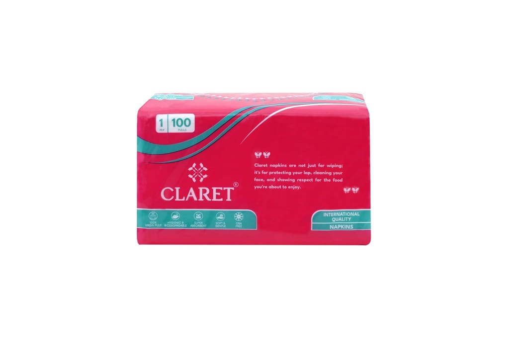 Claret Soft Napkins - 27x30 cm, 100 Sheets, 1-Ply, Highly Absorbent, Super Soft, Perfect for Home, Restaurants, Office & Daily Use, Pack of 3