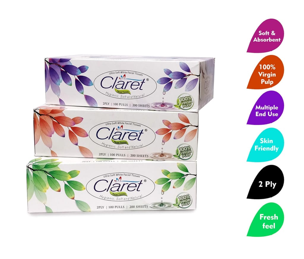 Claret 100% Virgin PULP Ultra Soft White Facial Tissue Box Hygienic Soft And Natural | Car Tissue Box| 4X100 Pulls 2 Ply (400 Pulls) 4 in 1 Pack