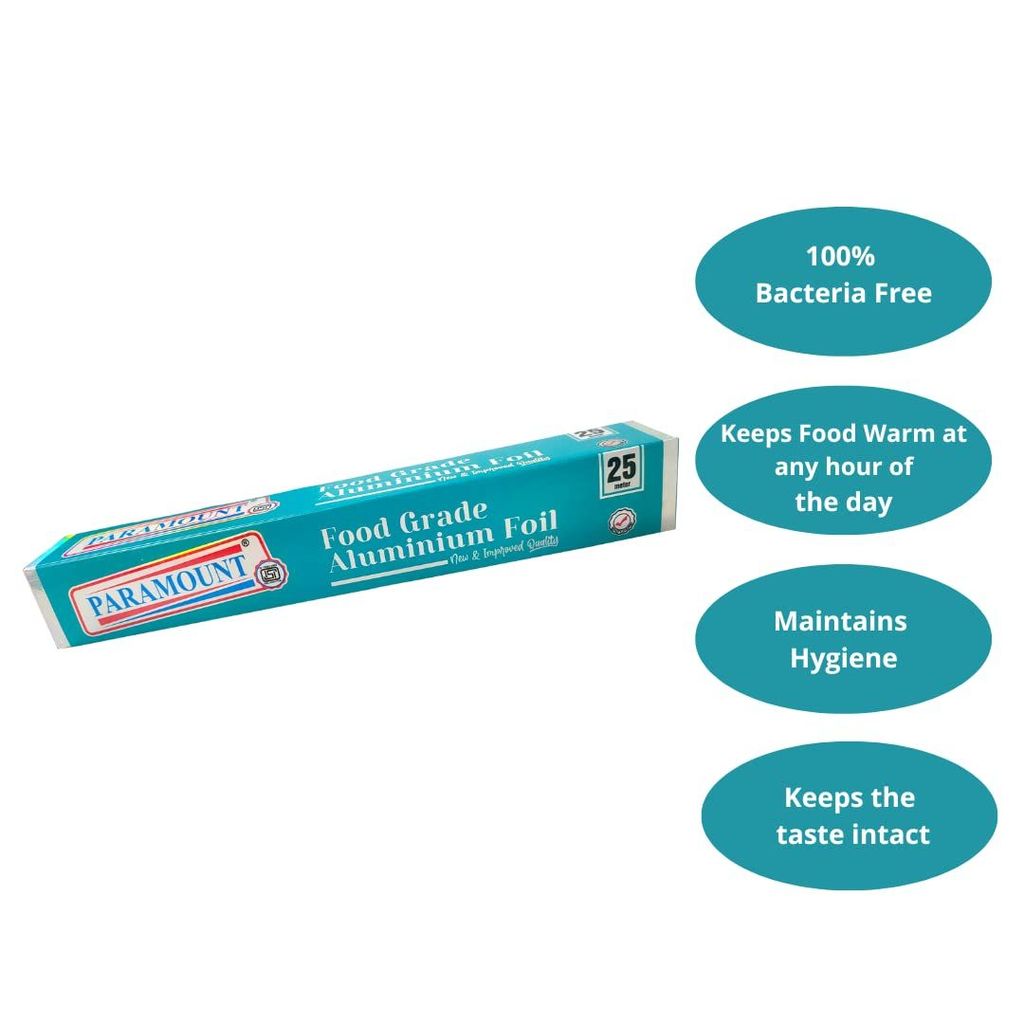 Paramount 25 Mtr ISI Marked Food-Grade Aluminium Foil, High-Quality for Cooking, Wrapping, Baking & Food Storage, Safe & Durable