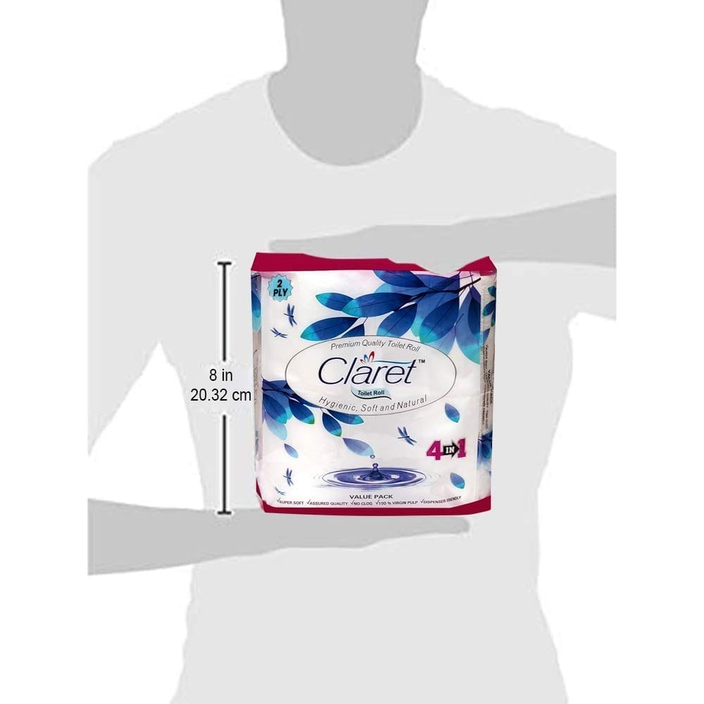 Claret Toilet Paper Rolls - 2 Ply, 4 in 1 Pack of 2, Total 8 Rolls with 760 Pulls, Soft, Durable & Hygienic for Daily Use