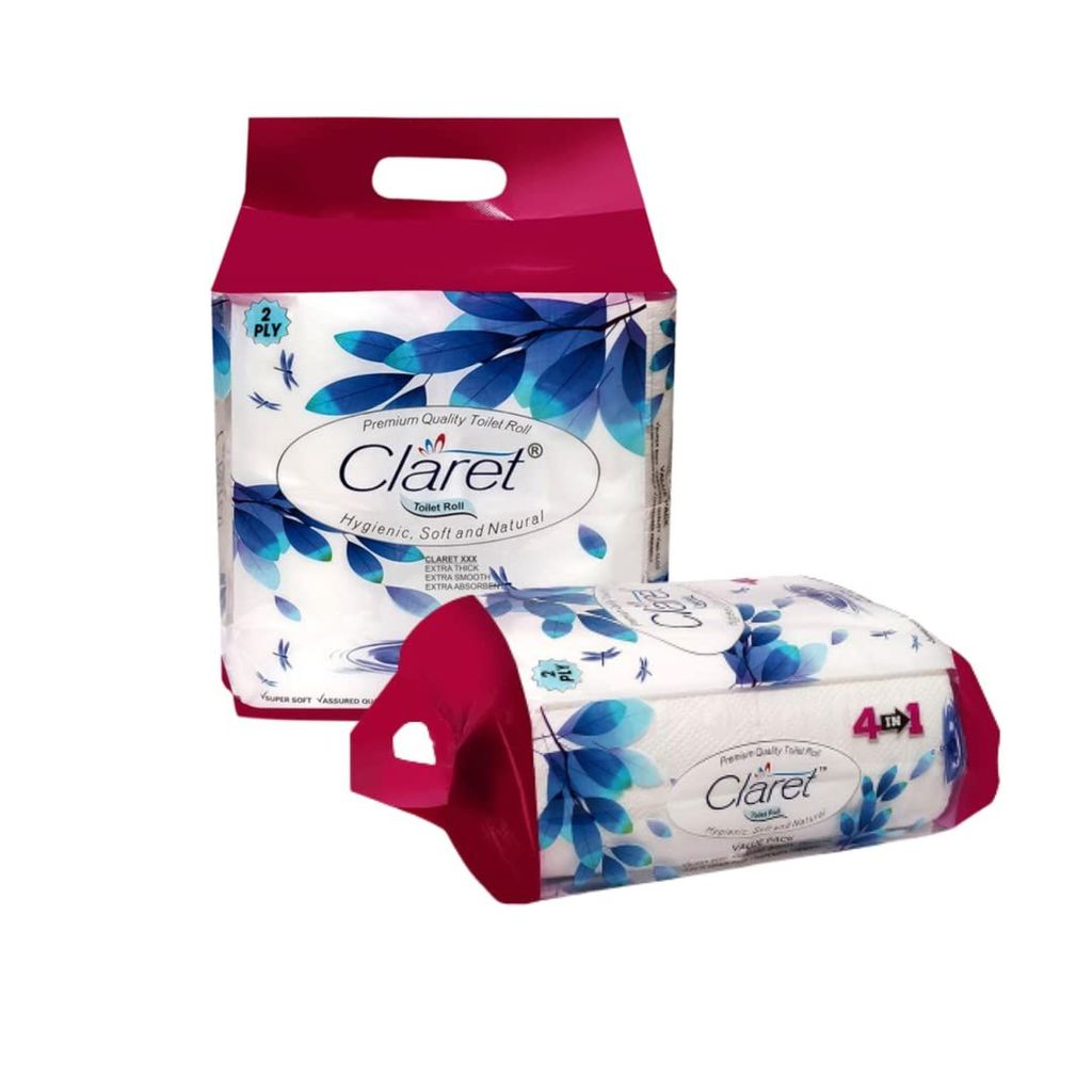 Claret Toilet Paper Rolls - 2 Ply, 4 in 1 Pack of 2, Total 8 Rolls with 760 Pulls, Soft, Durable & Hygienic for Daily Use