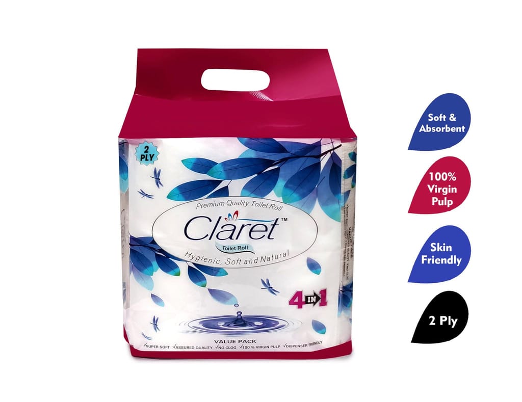 Claret Toilet Paper Rolls - 2 Ply, 4 in 1 Pack of 2, Total 8 Rolls with 760 Pulls, Soft, Durable & Hygienic for Daily Use