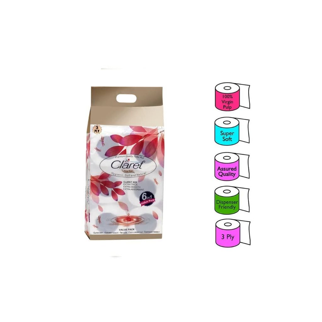 Claret Gold Premium Hygienic Toilet Rolls | Super Soft & Natural 3-Ply Tissue | 6-in-1 Family Pack | Luxury Bathroom Essentials