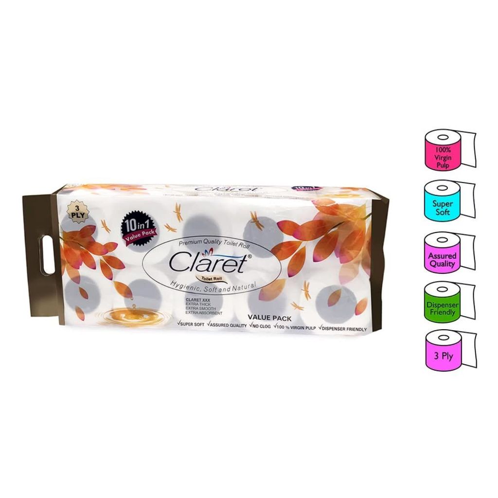 Claret Gold 10-in-1 Toilet Paper, 10 Rolls in 1 Packet, Super Soft, Extra Absorbent, OBA Free, 3 Ply Toilet Roll for Superior Comfort