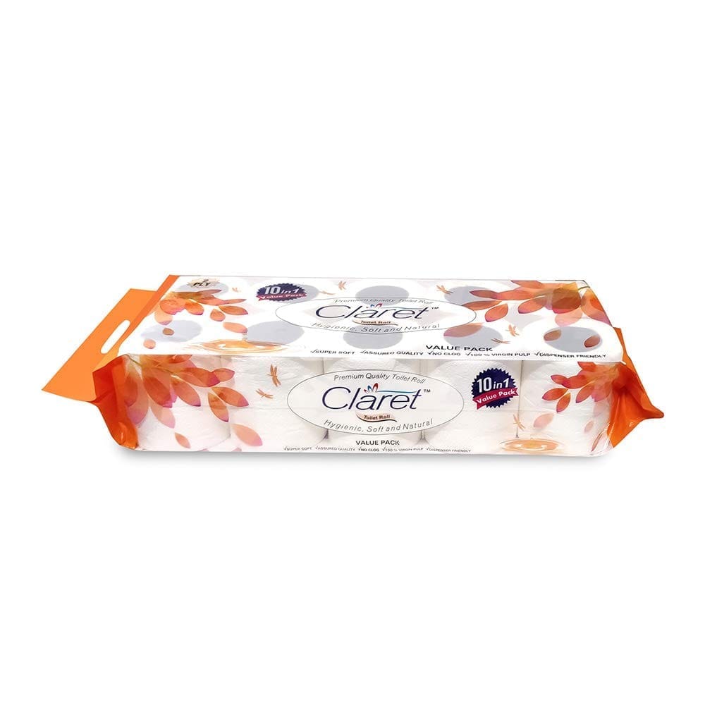 Claret 100% Virgin Pulp 2-Ply Toilet Rolls, Pack of 1 (10 Rolls) - OBA Free, Skin-Friendly, Ultra Comfort Quilted Bathroom Paper for Family Care