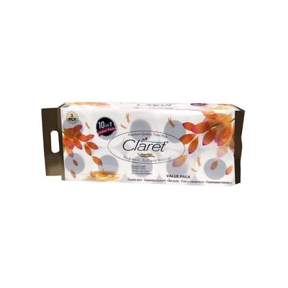 Claret Gold 10-in-1 Toilet Paper, 10 Rolls in 1 Packet, Super Soft, Extra Absorbent, OBA Free, 3 Ply Toilet Roll for Superior Comfort
