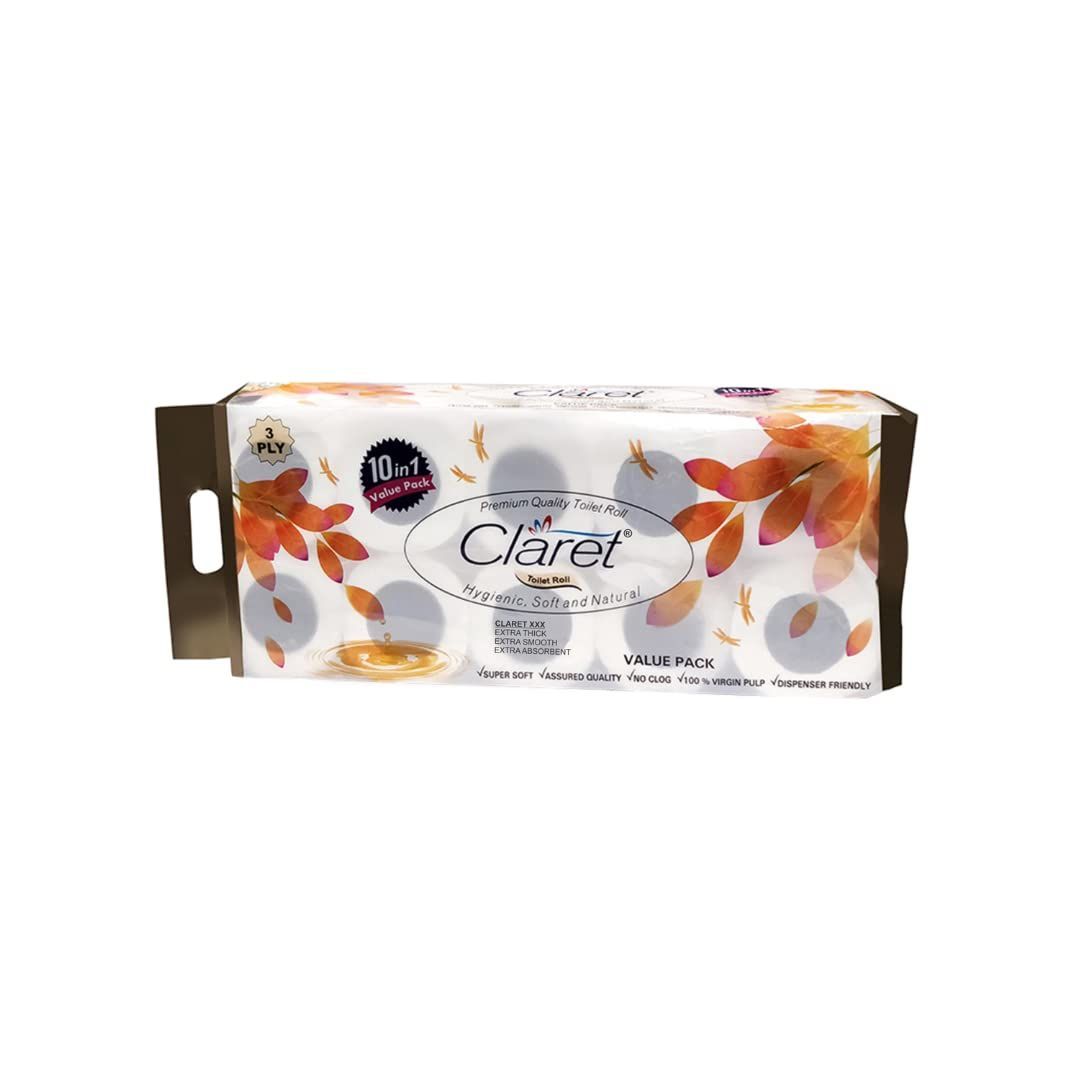 Claret Gold 10-in-1 Toilet Paper, 10 Rolls in 1 Packet, Super Soft, Extra Absorbent, OBA Free, 3 Ply Toilet Roll for Superior Comfort