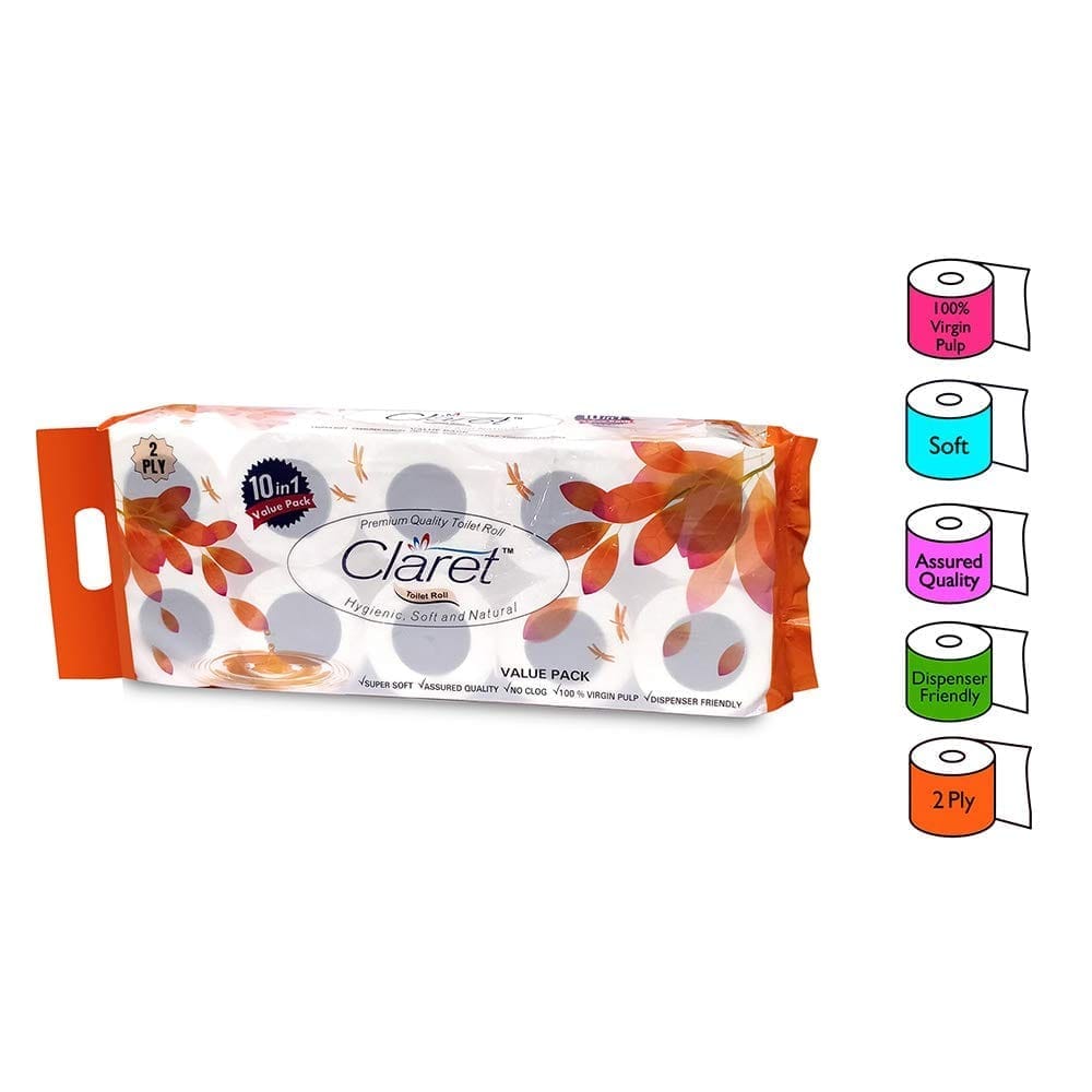 Claret 100% Virgin Pulp 2-Ply Toilet Rolls, Pack of 1 (10 Rolls) - OBA Free, Skin-Friendly, Ultra Comfort Quilted Bathroom Paper for Family Care