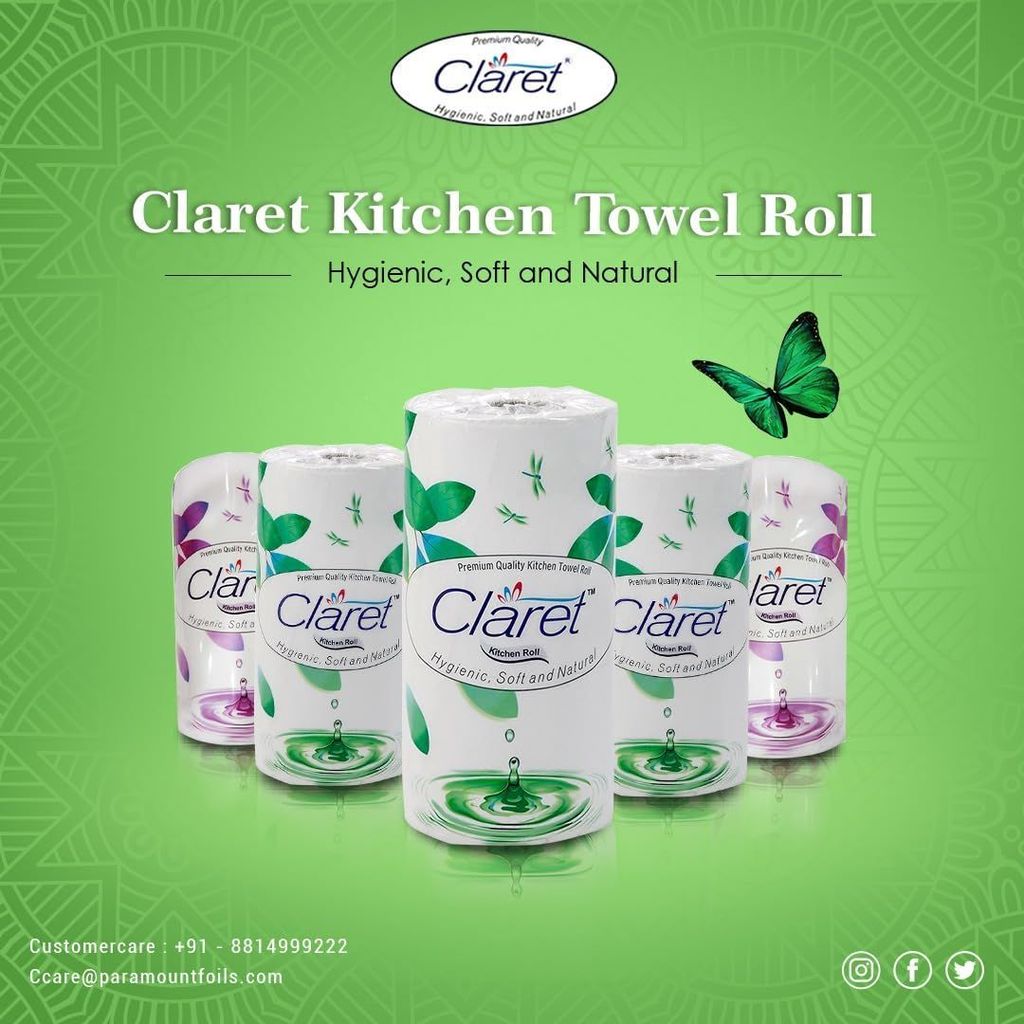 Claret 4 in 1 Soft & Natural Kitchen Towel Roll - 2 Ply, 100 Pulls (Pack of 2), 100 Sheets per Roll, Pack of 4 Rolls for Effective Cleaning