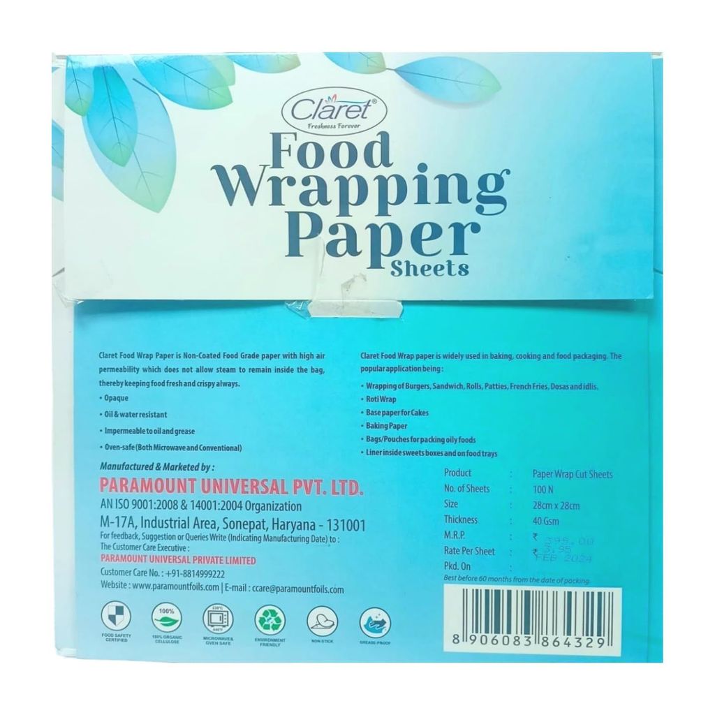 CLARET Premium Multi-Purpose Food Wrapping Sheets | 100 Count, 40 GSM | Non-Stick, Grease-Resistant Parchment Paper for Roti & Food Wrapping