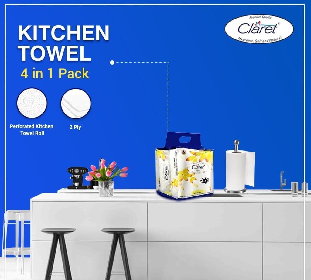 Claret 4 in 1 Soft & Natural Kitchen Towel Roll - 2 Ply, 100 Pulls (Pack of 2), 100 Sheets per Roll, Pack of 4 Rolls for Effective Cleaning