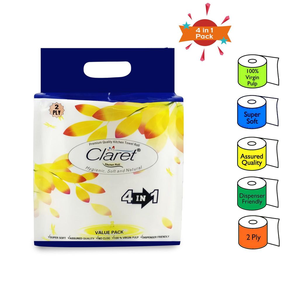 Claret 4 in 1 Soft & Natural Kitchen Towel Roll - 2 Ply, 100 Pulls (Pack of 2), 100 Sheets per Roll, Pack of 4 Rolls for Effective Cleaning