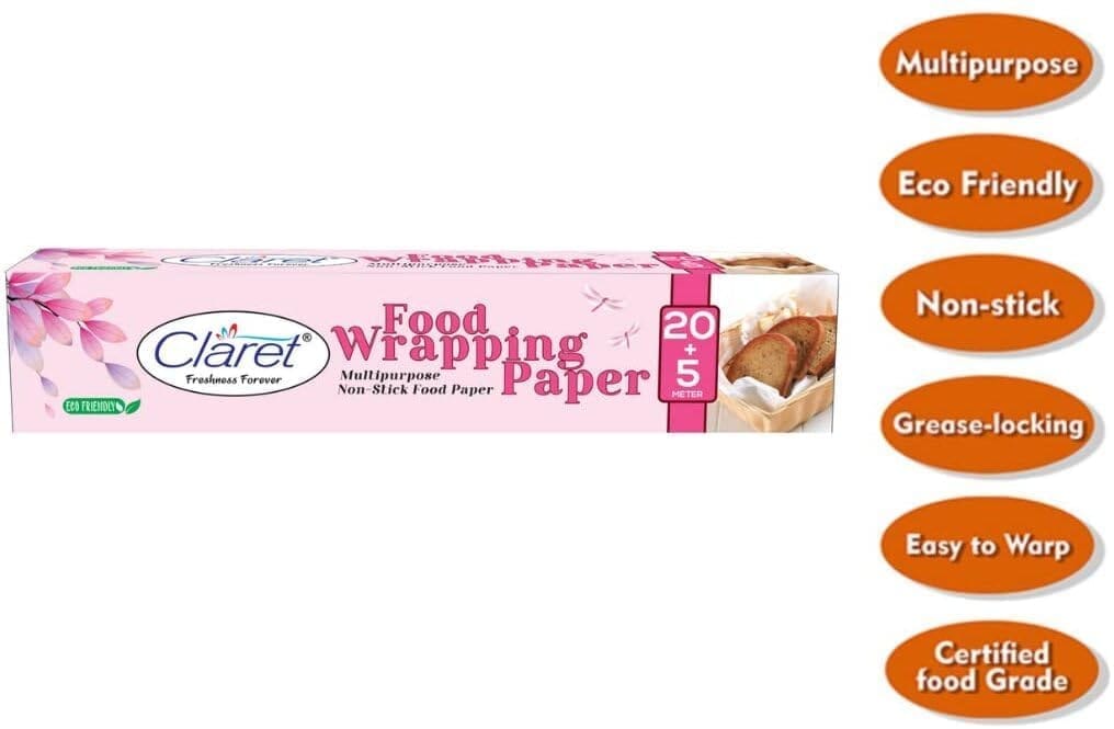 Claret 20+5M Printed Food Wrapping Butter Paper Roll - Keeps Food Fresh & Hygienic, Multipurpose Use for Packing, 1-Pack, Pink Design