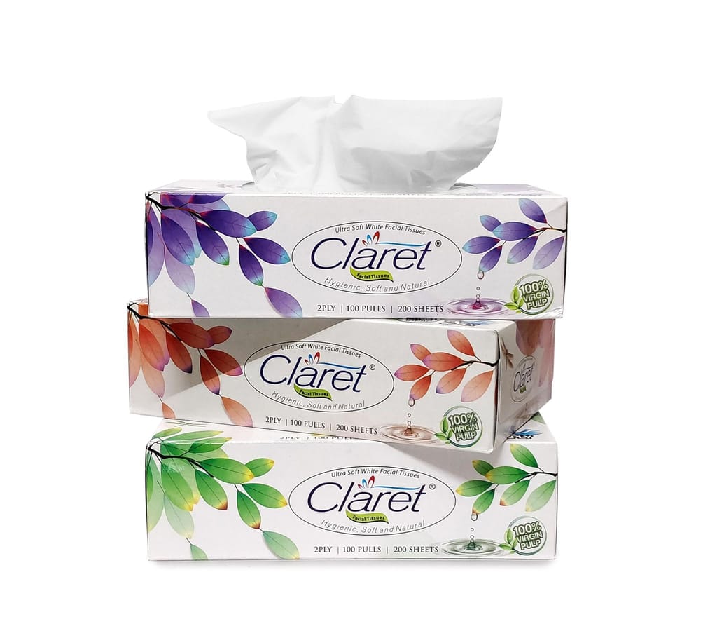 Claret Facial Tissue Box 100 Pulls, 2 Ply, 4 In 1 - Soft, Multipurpose Tissues for Makeup Smudges, Small Spills, Wedding & Party Use, Pack of 1