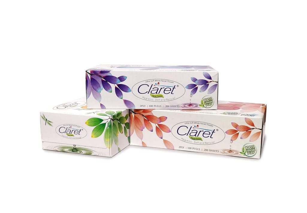 Claret Facial Tissue Box 100 Pulls, 2 Ply, 4 In 1 - Soft, Multipurpose Tissues for Makeup Smudges, Small Spills, Wedding & Party Use, Pack of 1