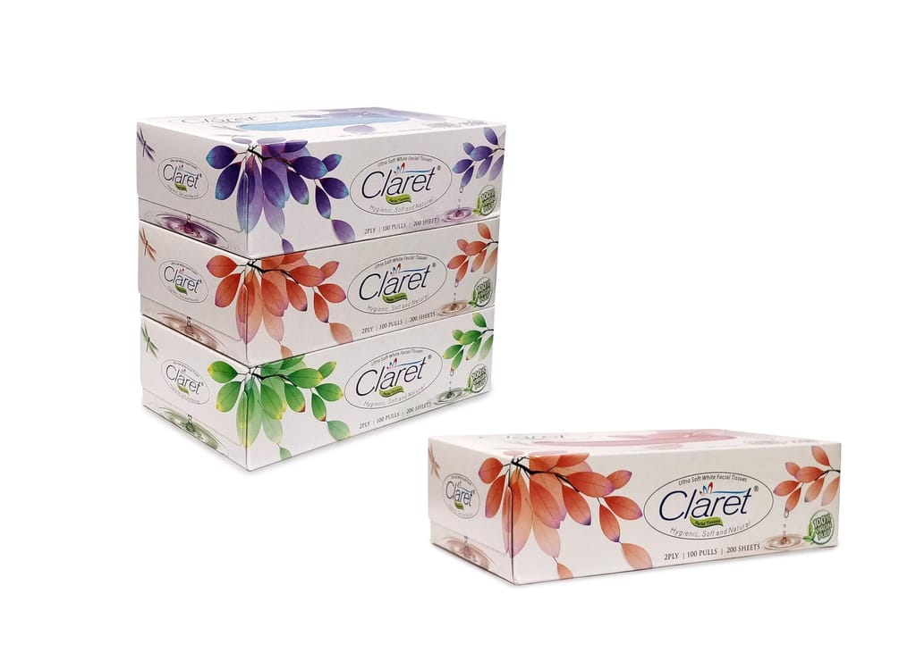 Claret Facial Tissue Box 100 Pulls, 2 Ply, 4 In 1 - Soft, Multipurpose Tissues for Makeup Smudges, Small Spills, Wedding & Party Use, Pack of 1