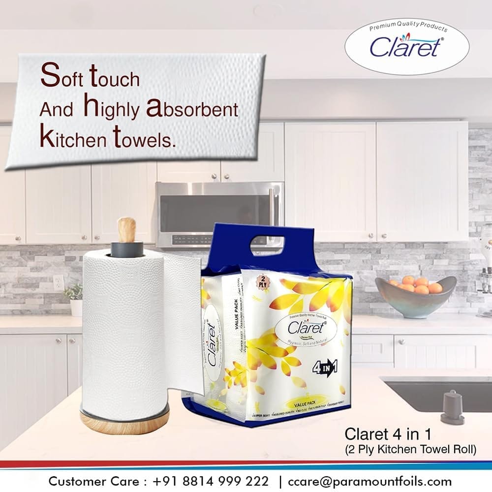 Claret 2-Ply Kitchen Towel Roll - 100 Sheets per Roll, Soft, Hygienic, Highly Absorbent, Natural & Durable, 4-in-1 Pack