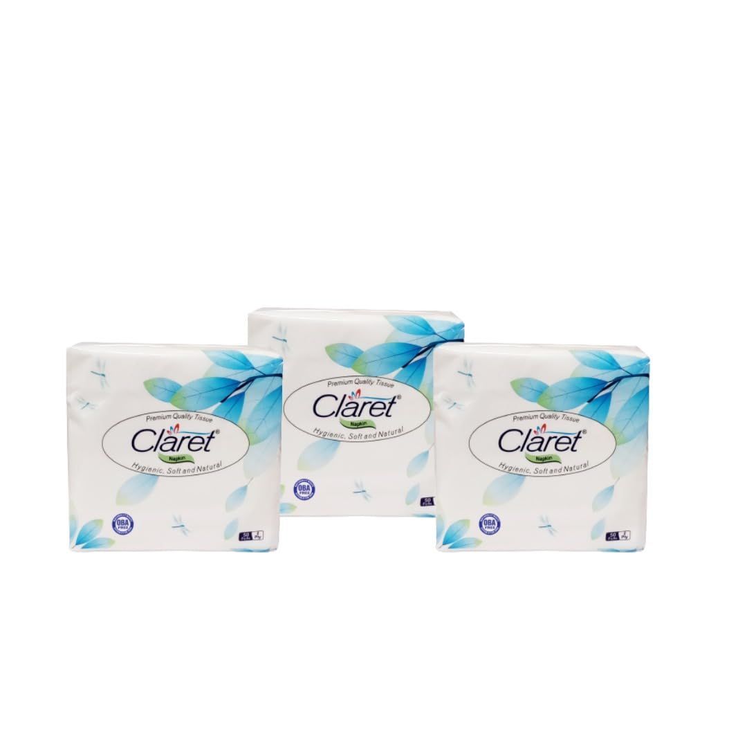 Claret Soft & Natural Paper Napkins 30 x 30 cm, 2-Ply - Highly Absorbent, Durable, 50 Pulls per Pack, Perfect for Parties & Dining, Pack of 3