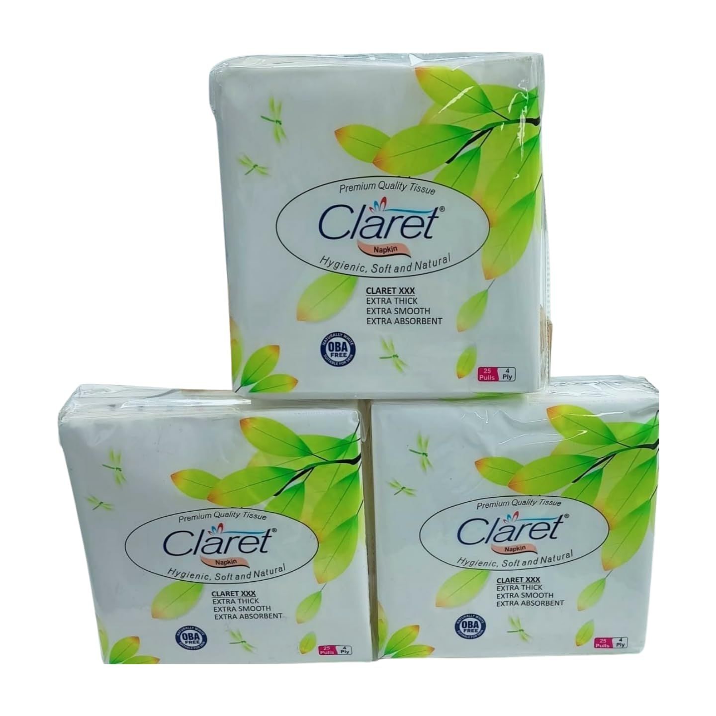 Claret Soft & Natural Paper Napkins - Hygienic, Eco-Friendly, Biodegradable, 40x40, 25 Pulls, 4-Ply (Pack of 3)