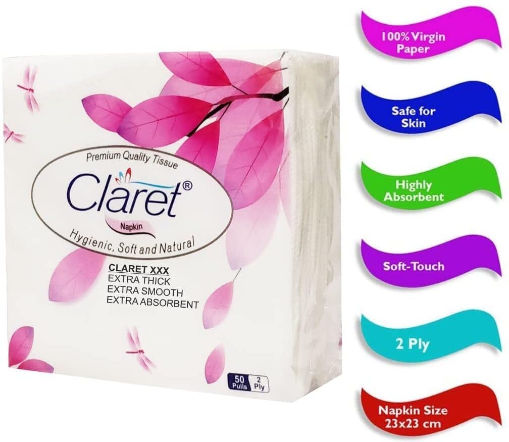 Claret 6 in 1 White Paper Napkins - 2 Ply, Soft, Durable & Highly Absorbent, 50 Pulls per Napkin for Home, Office & Daily Use (Pack of 1)