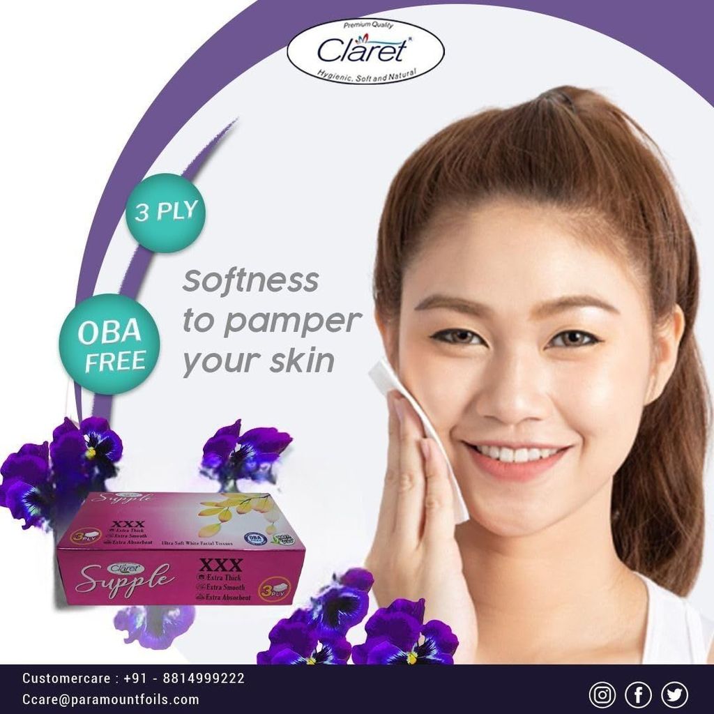 Claret supple ultra soft white facial tissues, Hygienic soft and Natural Extra thick, Smooth, Absorbent 75 Pulls 3 Ply 4 in 1 Pack