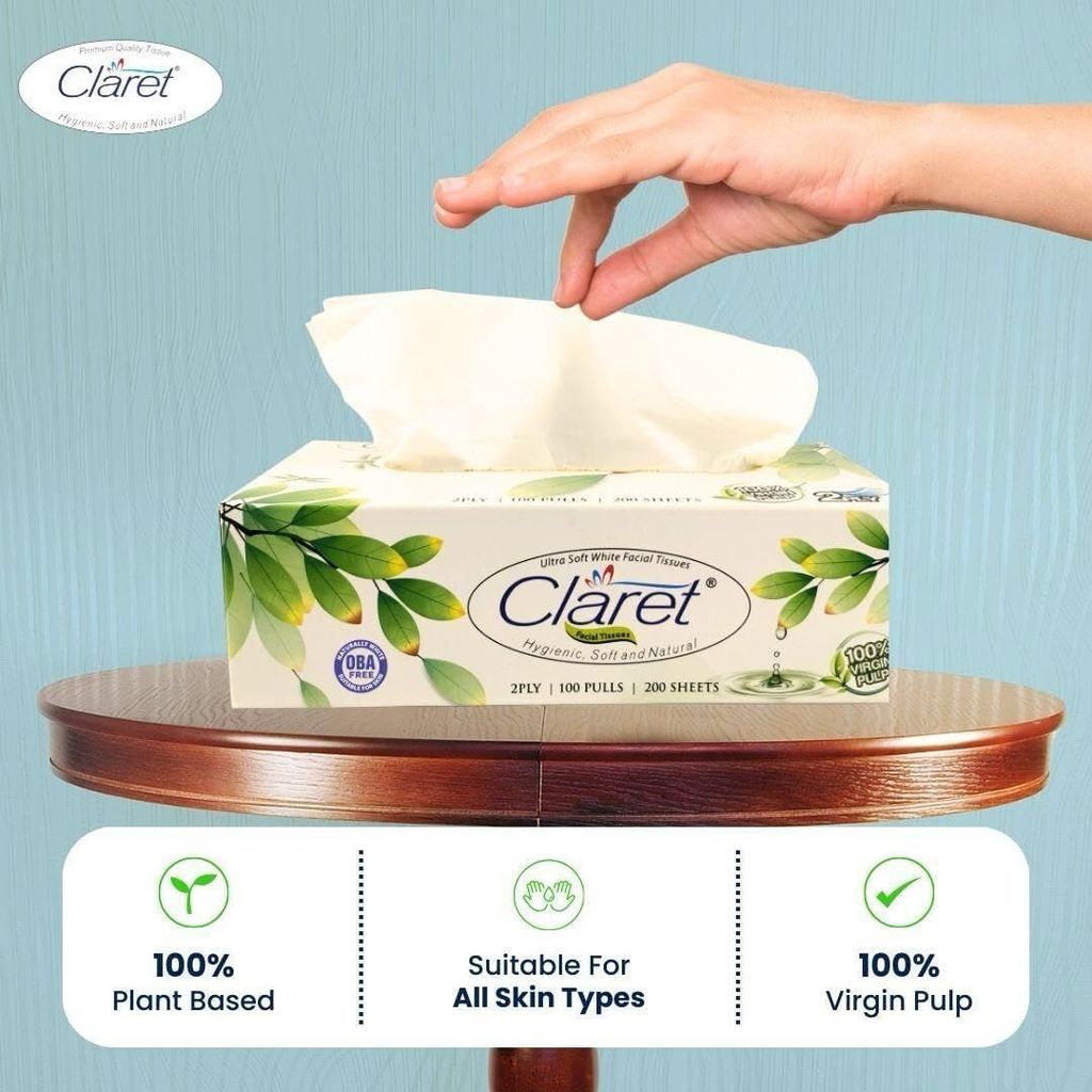 Claret 100 Pull Brown Facial Tissue Pack 2 - Super Soft Dry Tissue, Multipurpose, Bedside, Office, Car and Dressing Table