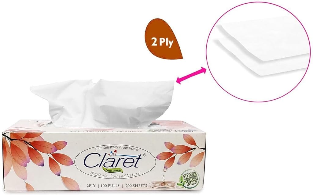Claret 100 Pull Brown Facial Tissue Pack 2 - Super Soft Dry Tissue, Multipurpose, Bedside, Office, Car and Dressing Table