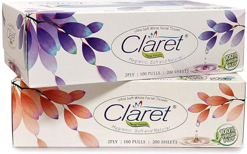 Claret 100 Pull Brown Facial Tissue Pack 2 - Super Soft Dry Tissue, Multipurpose, Bedside, Office, Car and Dressing Table