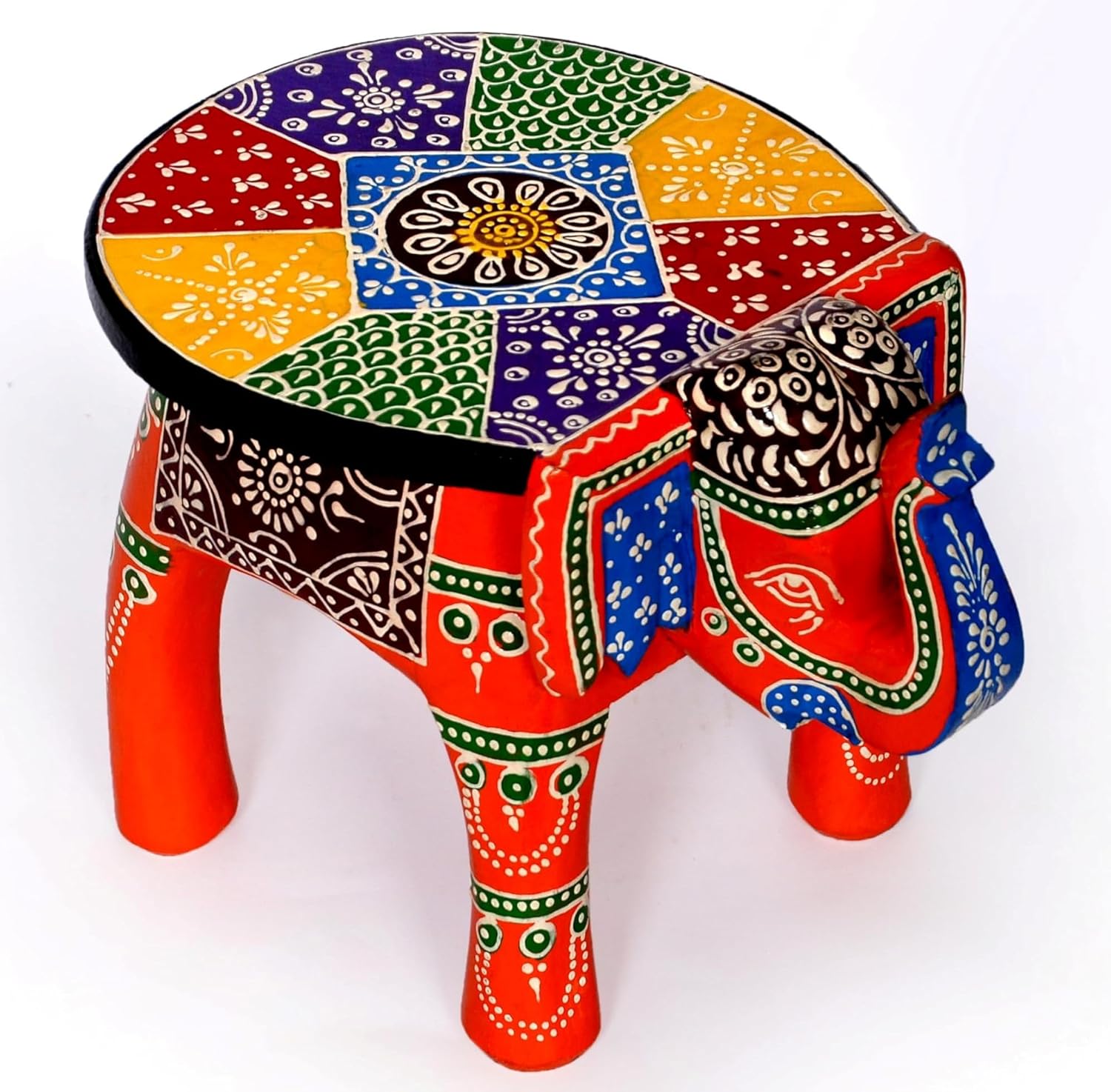 ACHU ADORN ART - Wooden Elephant Stool, Puja Stool and Planter Stand for Living Room/Bedroom/Kitchen/Balcony and Office Stool, Embossed Painted, Elephant Shape (Orange)