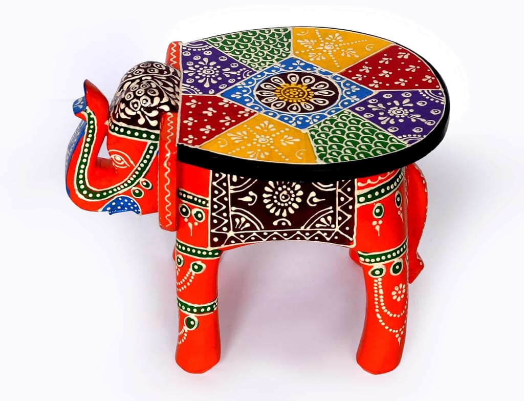 ACHU ADORN ART - Wooden Elephant Stool, Puja Stool and Planter Stand for Living Room/Bedroom/Kitchen/Balcony and Office Stool, Embossed Painted, Elephant Shape (Orange)