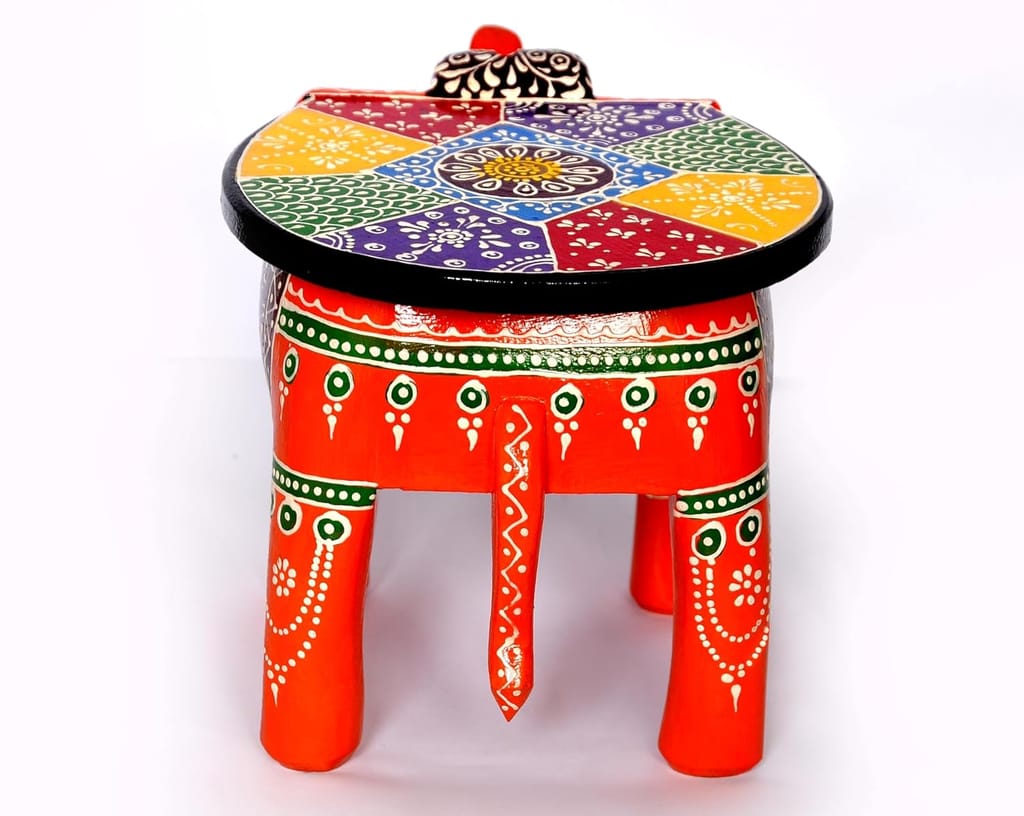 ACHU ADORN ART - Wooden Elephant Stool, Puja Stool and Planter Stand for Living Room/Bedroom/Kitchen/Balcony and Office Stool, Embossed Painted, Elephant Shape (Orange)