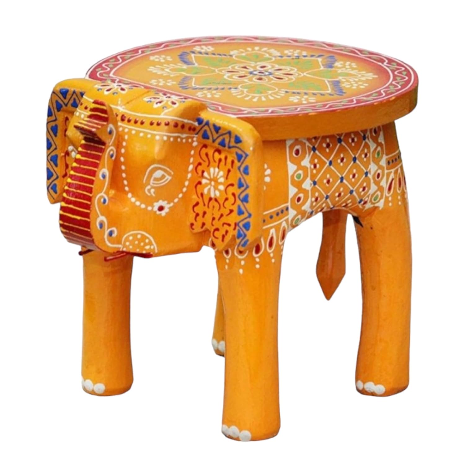 ACHU ADORN ART - Wooden Decorative Rajasthani Hand Painted Elephant Stool Decorative Showpiece/Wooden Elephant Stool Handicraft Decorative Showpiece (Orange)