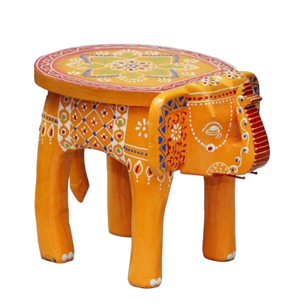 ACHU ADORN ART - Wooden Decorative Rajasthani Hand Painted Elephant Stool Decorative Showpiece/Wooden Elephant Stool Handicraft Decorative Showpiece (Orange)