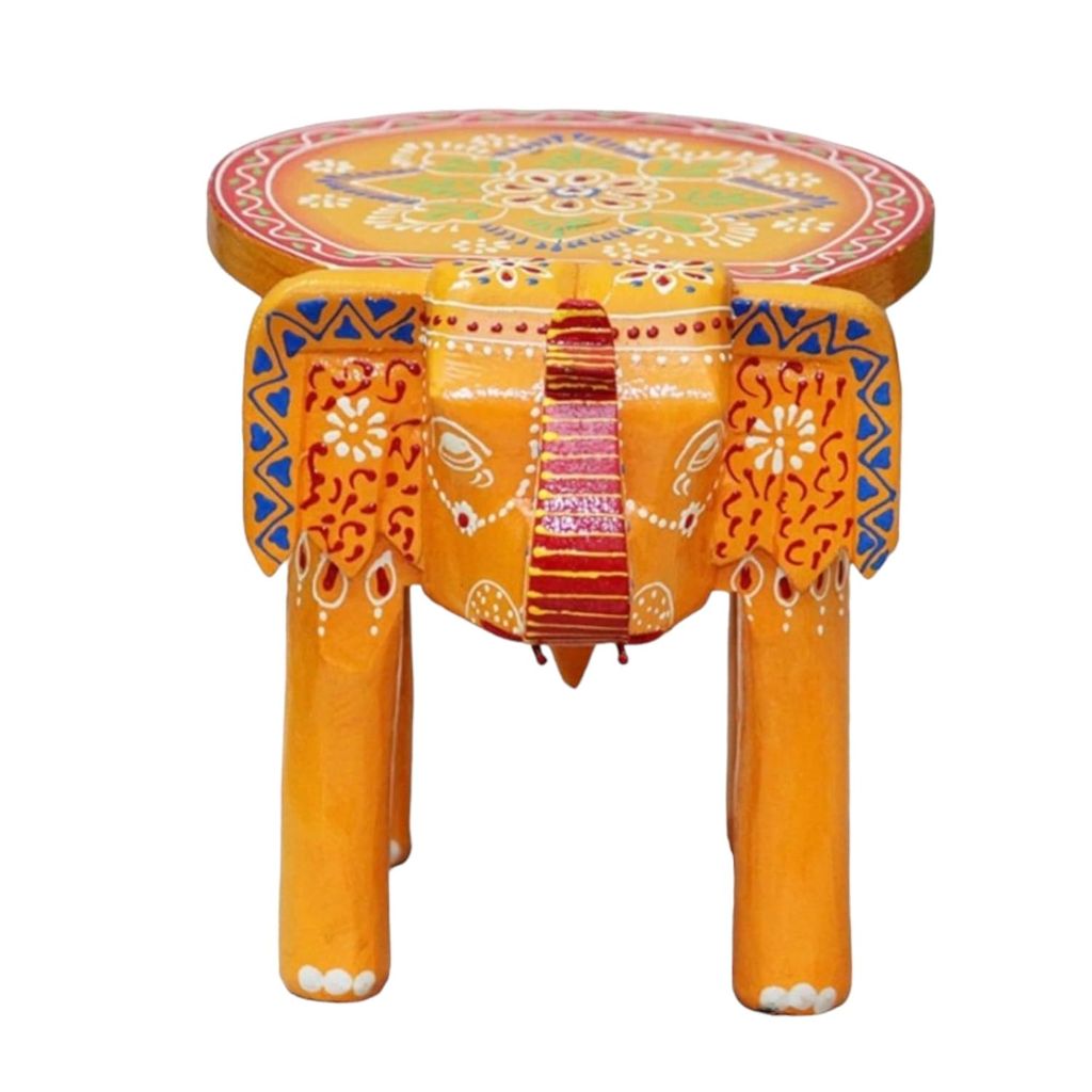 ACHU ADORN ART - Wooden Decorative Rajasthani Hand Painted Elephant Stool Decorative Showpiece/Wooden Elephant Stool Handicraft Decorative Showpiece (Orange)