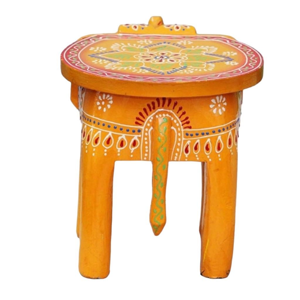 ACHU ADORN ART - Wooden Decorative Rajasthani Hand Painted Elephant Stool Decorative Showpiece/Wooden Elephant Stool Handicraft Decorative Showpiece (Orange)