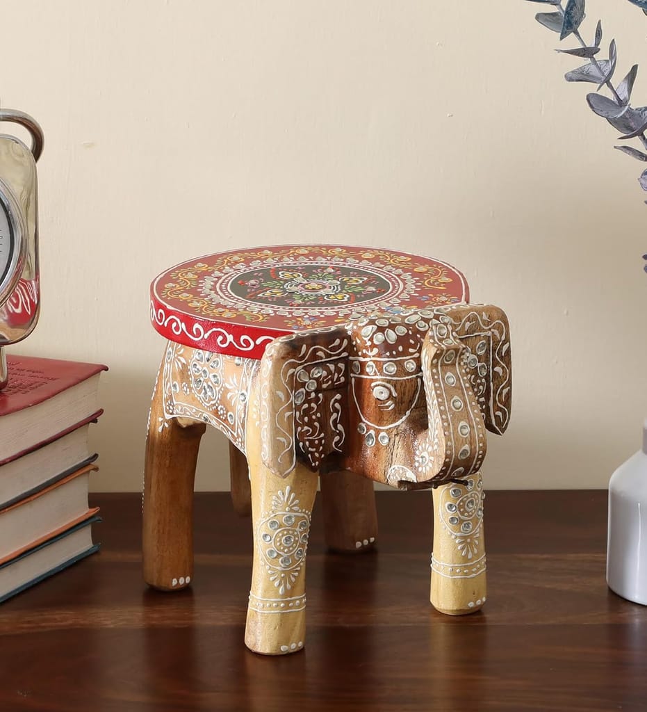 ACHU ADORN ART   -Wooden Painting Decorative Rajastani Painted Elephant Stool | Home Decorative Items| Showpiece(8 inch) (Mustard)