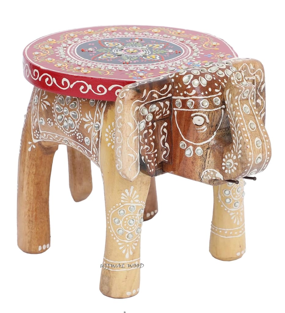 ACHU ADORN ART   -Wooden Painting Decorative Rajastani Painted Elephant Stool | Home Decorative Items| Showpiece(8 inch) (Mustard)